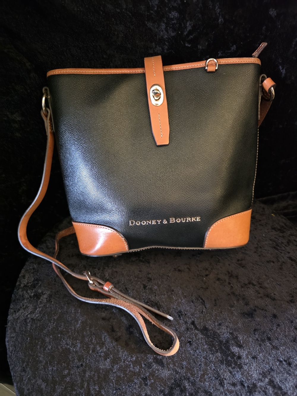 Dooney & Bourke Black with Tan Trim Pebbled Leather Crossbody Bag